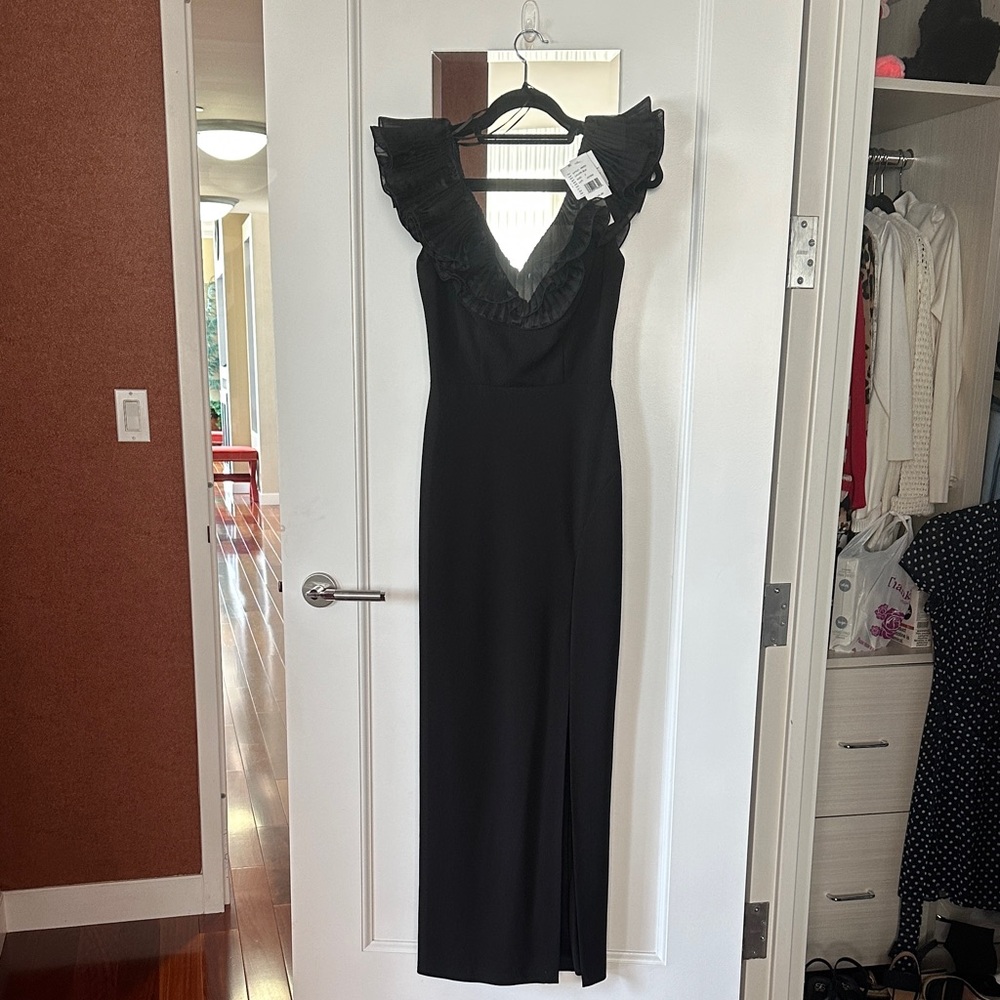 Aqua Black Ruffle V-Neck Gown
